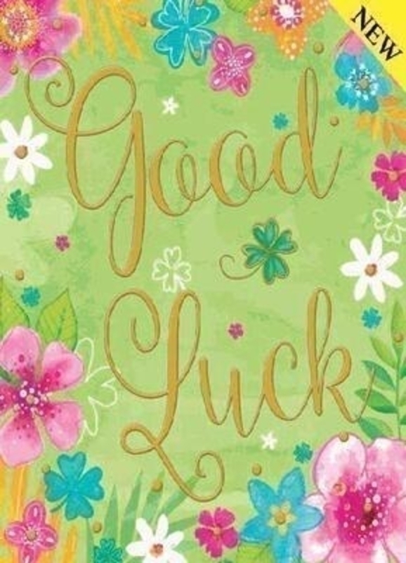 This Good Luck greetings card from Paper Rose is decorated with pink orange and blue flowers on a green background has has Good Luck written in the centre with a four leaf clover. The card has Wishing you Good Luck! inside. It comes complete with an envelope and is a lovely greetings card from Paper Rose to wish someone Good Luck.